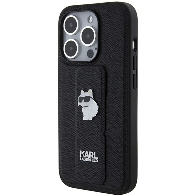 Ekskluzywne etui Karl Lagerfeld do iPhone 14 Pro Max Gripstand Saffiano Choupette PIN – czarne
