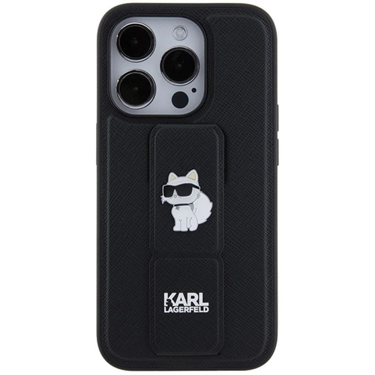 Ekskluzywne etui Karl Lagerfeld do iPhone 14 Pro Max Gripstand Saffiano Choupette PIN – czarne