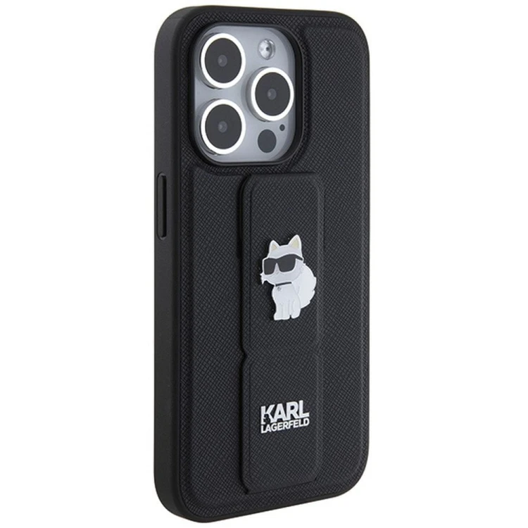Ekskluzywne etui Karl Lagerfeld do iPhone 14 Pro Max Gripstand Saffiano Choupette PIN – czarne