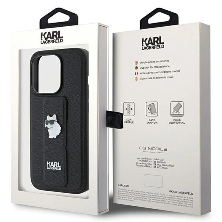 Ekskluzywne etui Karl Lagerfeld do iPhone 14 Pro Max Gripstand Saffiano Choupette PIN – czarne