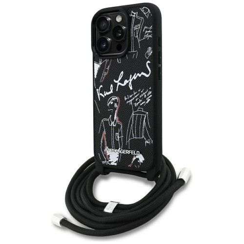 Ekskluzywne etui Karl Lagerfeld do iPhone 16 Pro MagSafe Crossbody Grained Pattern & Logo – czarne