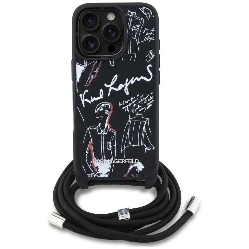 Ekskluzywne etui Karl Lagerfeld do iPhone 16 Pro MagSafe Crossbody Grained Pattern & Logo – czarne