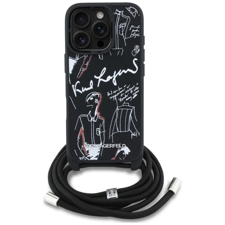 Ekskluzywne etui Karl Lagerfeld do iPhone 16 Pro MagSafe Crossbody Grained Pattern & Logo – czarne