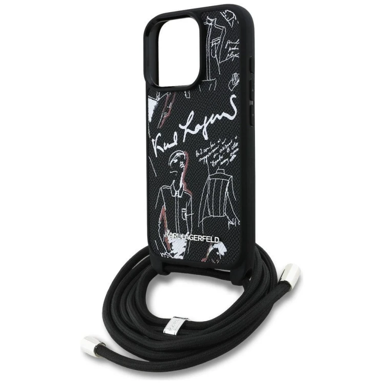 Ekskluzywne etui Karl Lagerfeld do iPhone 16 Pro MagSafe Crossbody Grained Pattern & Logo – czarne