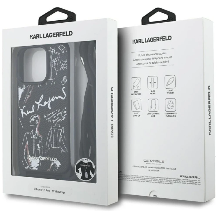 Ekskluzywne etui Karl Lagerfeld do iPhone 16 Pro MagSafe Crossbody Grained Pattern & Logo – czarne