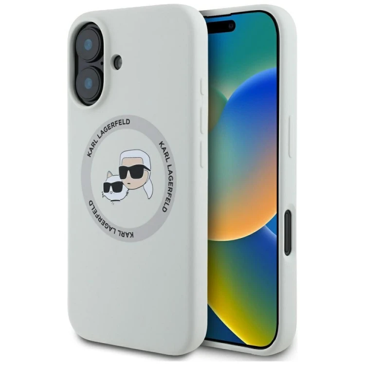 Ekskluzywne etui Karl Lagerfeld do iPhone 16 MagSafe Silicone Double Heads And Circle – beżowe