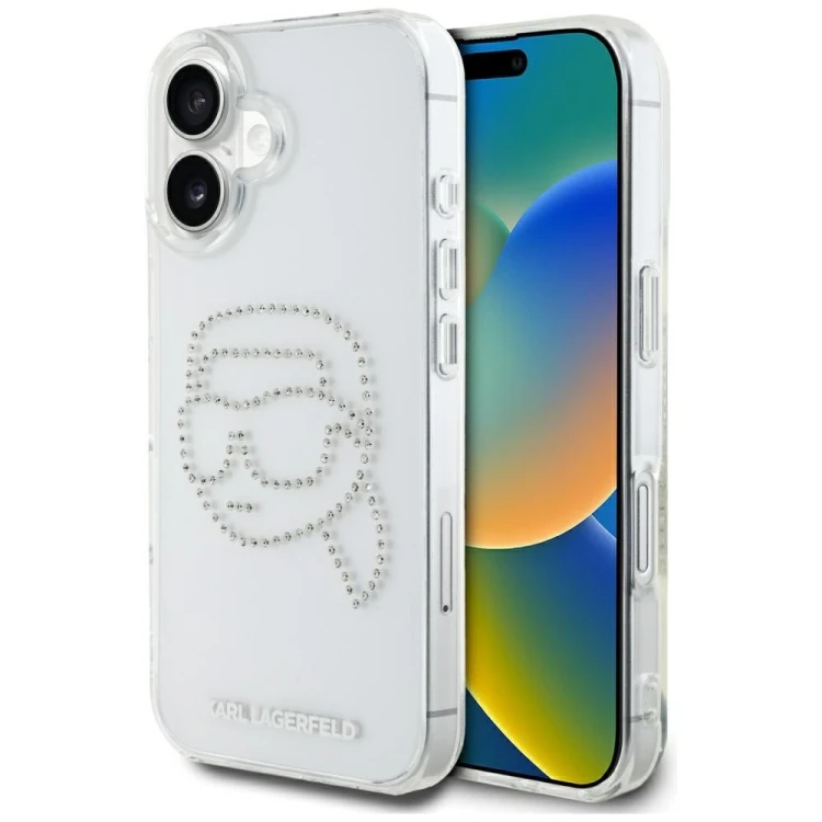 Luksusowe etui Karl Lagerfeld do iPhone 16 IML Rhinestones Karl Head – transparentne