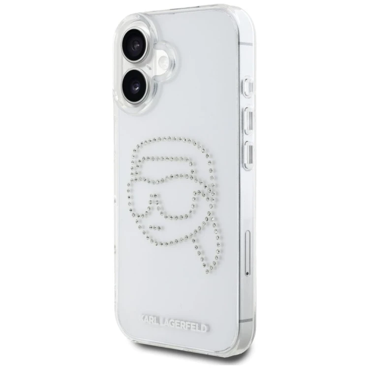 Luksusowe etui Karl Lagerfeld do iPhone 16 IML Rhinestones Karl Head – transparentne