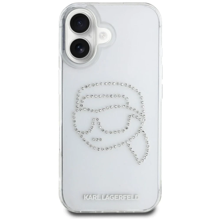 Luksusowe etui Karl Lagerfeld do iPhone 16 IML Rhinestones Karl Head – transparentne