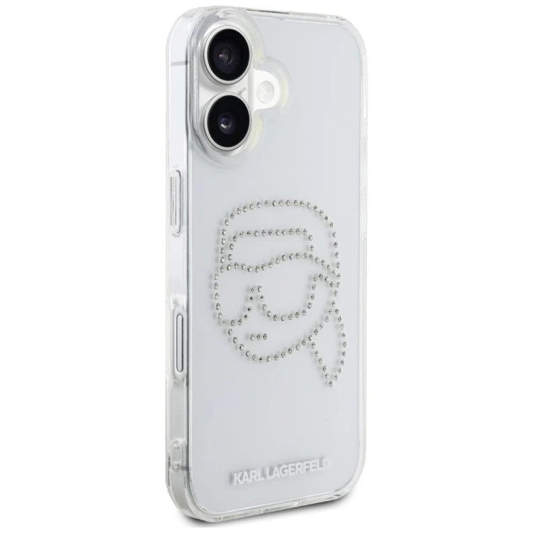 Luksusowe etui Karl Lagerfeld do iPhone 16 IML Rhinestones Karl Head – transparentne