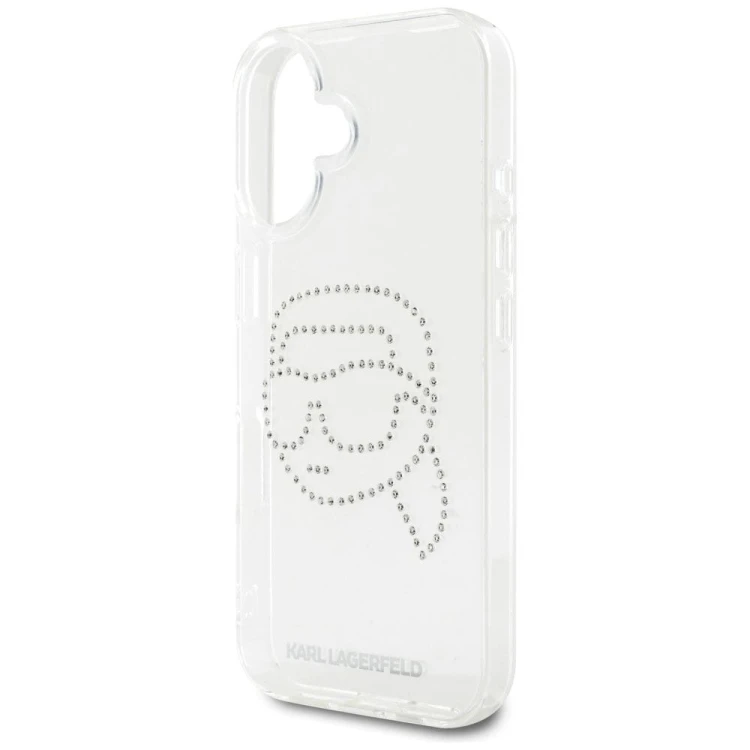 Luksusowe etui Karl Lagerfeld do iPhone 16 IML Rhinestones Karl Head – transparentne