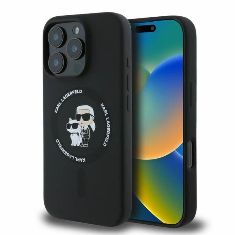 Ekskluzywne etui Karl Lagerfeld do iPhone 16 Pro Max MagSafe Silicone Karl&Choupette Ring – czarne