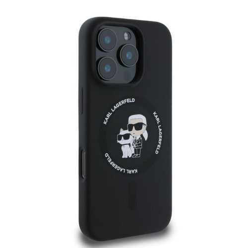 Ekskluzywne etui Karl Lagerfeld do iPhone 16 Pro Max MagSafe Silicone Karl&Choupette Ring – czarne