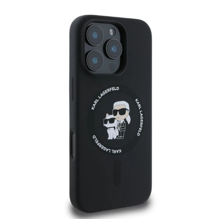 Ekskluzywne etui Karl Lagerfeld do iPhone 16 Pro Max MagSafe Silicone Karl&Choupette Ring – czarne