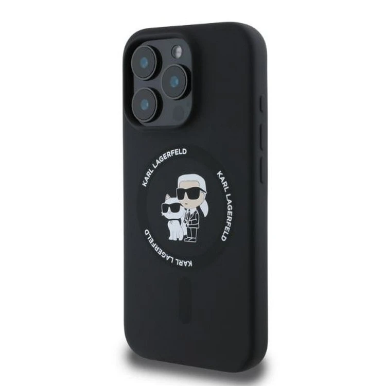 Ekskluzywne etui Karl Lagerfeld do iPhone 16 Pro Max MagSafe Silicone Karl&Choupette Ring – czarne