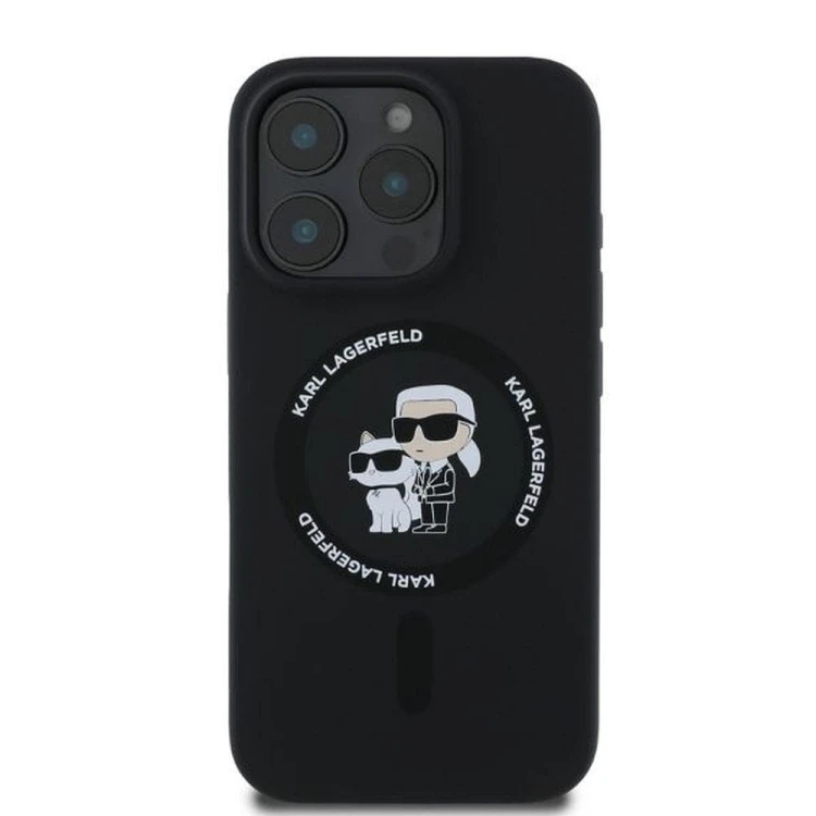 Ekskluzywne etui Karl Lagerfeld do iPhone 16 Pro Max MagSafe Silicone Karl&Choupette Ring – czarne