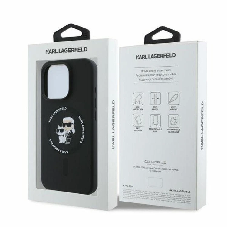 Ekskluzywne etui Karl Lagerfeld do iPhone 16 Pro Max MagSafe Silicone Karl&Choupette Ring – czarne