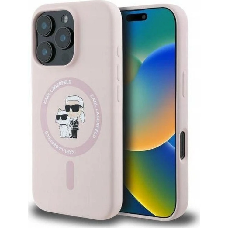 Ekskluzywne etui Karl Lagerfeld do iPhone 16 MagSafe Silicone Karl&Choupette Ring – różowe