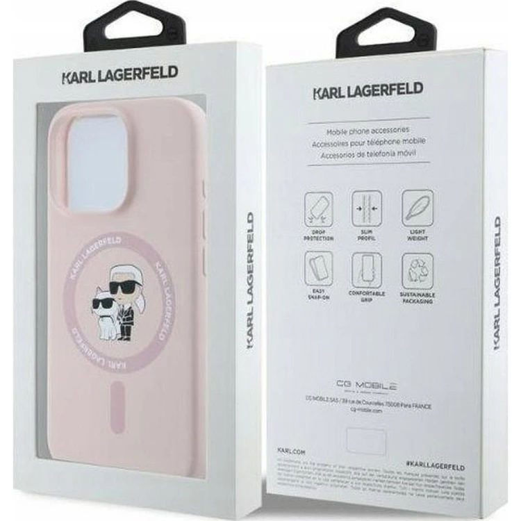 Ekskluzywne etui Karl Lagerfeld do iPhone 16 MagSafe Silicone Karl&Choupette Ring – różowe