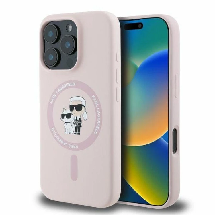 Ekskluzywne etui Karl Lagerfeld do iPhone 16 Pro Max MagSafe Silicone Karl&Choupette Ring – różowe