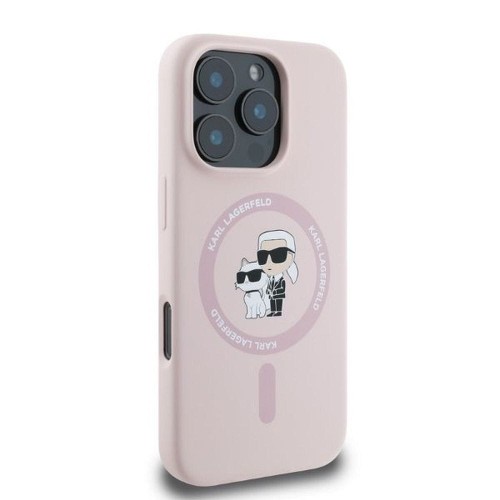 Ekskluzywne etui Karl Lagerfeld do iPhone 16 Pro Max MagSafe Silicone Karl&Choupette Ring – różowe