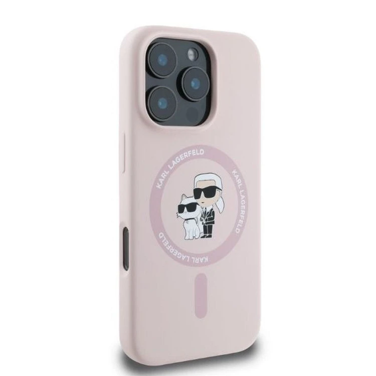 Ekskluzywne etui Karl Lagerfeld do iPhone 16 Pro Max MagSafe Silicone Karl&Choupette Ring – różowe