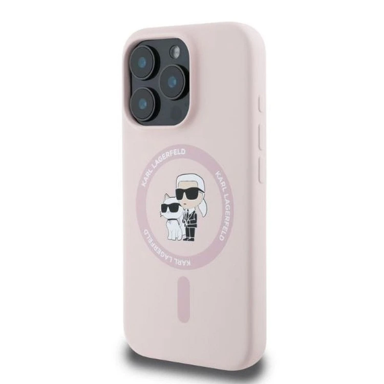 Ekskluzywne etui Karl Lagerfeld do iPhone 16 Pro Max MagSafe Silicone Karl&Choupette Ring – różowe