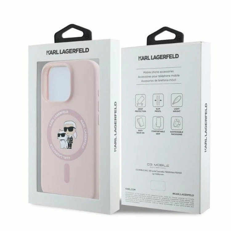 Ekskluzywne etui Karl Lagerfeld do iPhone 16 Pro Max MagSafe Silicone Karl&Choupette Ring – różowe