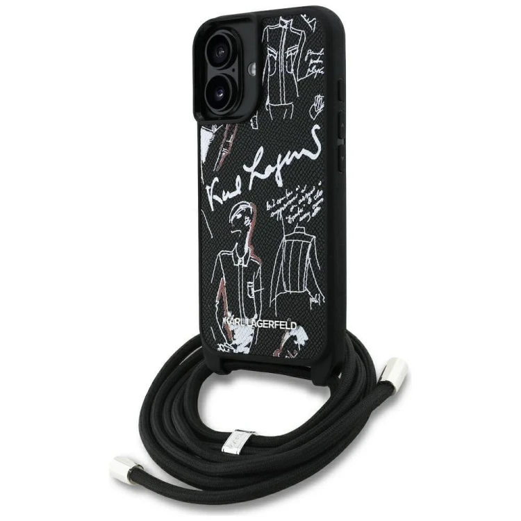 Ekskluzywne etui Karl Lagerfeld do iPhone 16 MagSafe Crossbody Grained Pattern & Logo – czarne