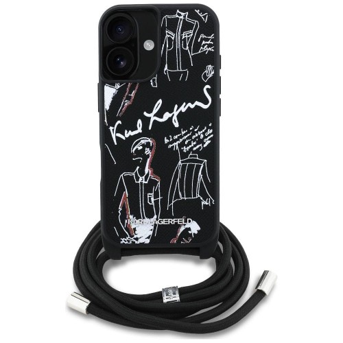 Ekskluzywne etui Karl Lagerfeld do iPhone 16 MagSafe Crossbody Grained Pattern & Logo – czarne