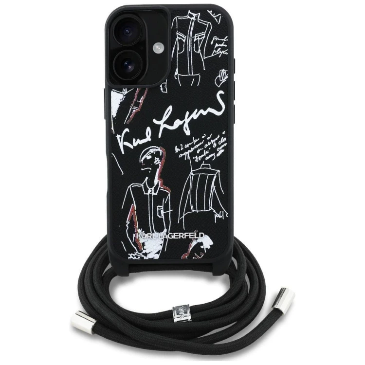 Ekskluzywne etui Karl Lagerfeld do iPhone 16 MagSafe Crossbody Grained Pattern & Logo – czarne