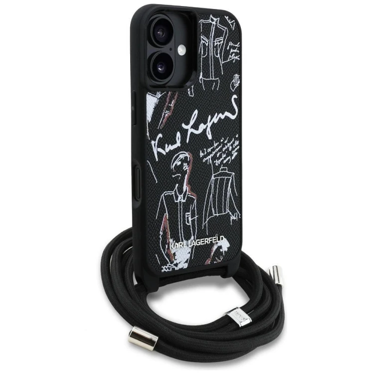 Ekskluzywne etui Karl Lagerfeld do iPhone 16 MagSafe Crossbody Grained Pattern & Logo – czarne