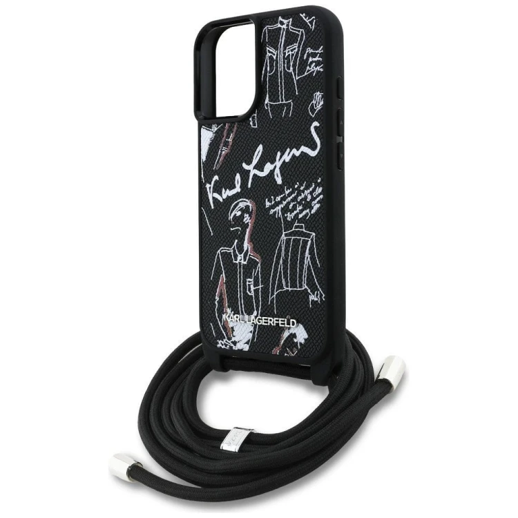 Ekskluzywne etui Karl Lagerfeld do iPhone 16 MagSafe Crossbody Grained Pattern & Logo – czarne