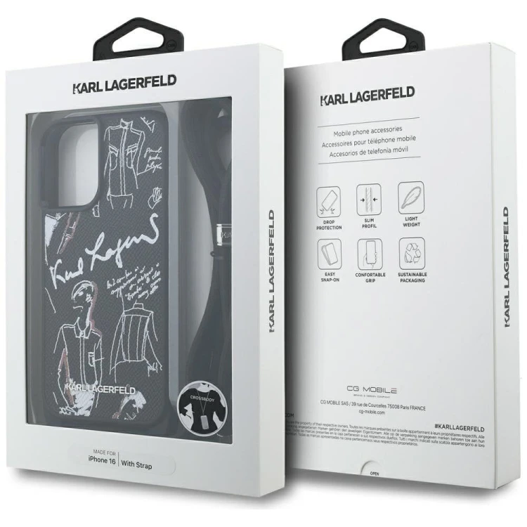 Ekskluzywne etui Karl Lagerfeld do iPhone 16 MagSafe Crossbody Grained Pattern & Logo – czarne
