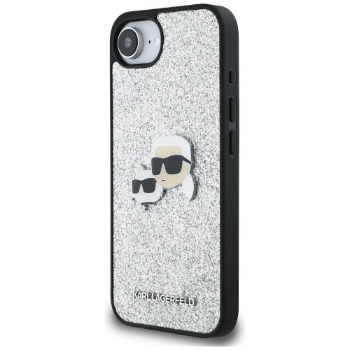 Luksusowe etui Karl Lagerfeld do iPhone 16e (SE 4 2025) Fixed Glitter Karl&Choupette Metal Pin – srebrne