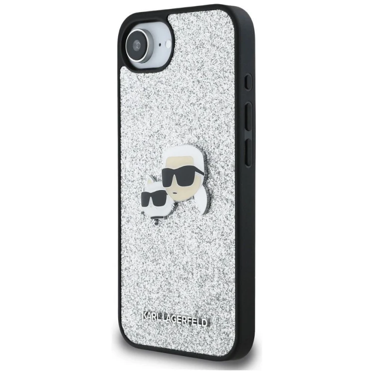 Luksusowe etui Karl Lagerfeld do iPhone 16e (SE 4 2025) Fixed Glitter Karl&Choupette Metal Pin – srebrne