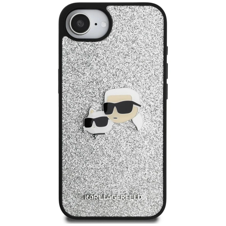 Luksusowe etui Karl Lagerfeld do iPhone 16e (SE 4 2025) Fixed Glitter Karl&Choupette Metal Pin – srebrne