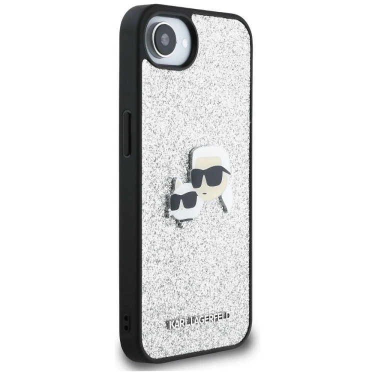 Luksusowe etui Karl Lagerfeld do iPhone 16e (SE 4 2025) Fixed Glitter Karl&Choupette Metal Pin – srebrne