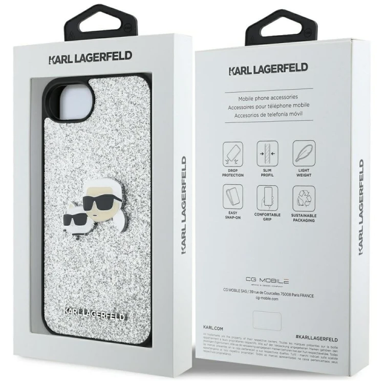 Luksusowe etui Karl Lagerfeld do iPhone 16e (SE 4 2025) Fixed Glitter Karl&Choupette Metal Pin – srebrne