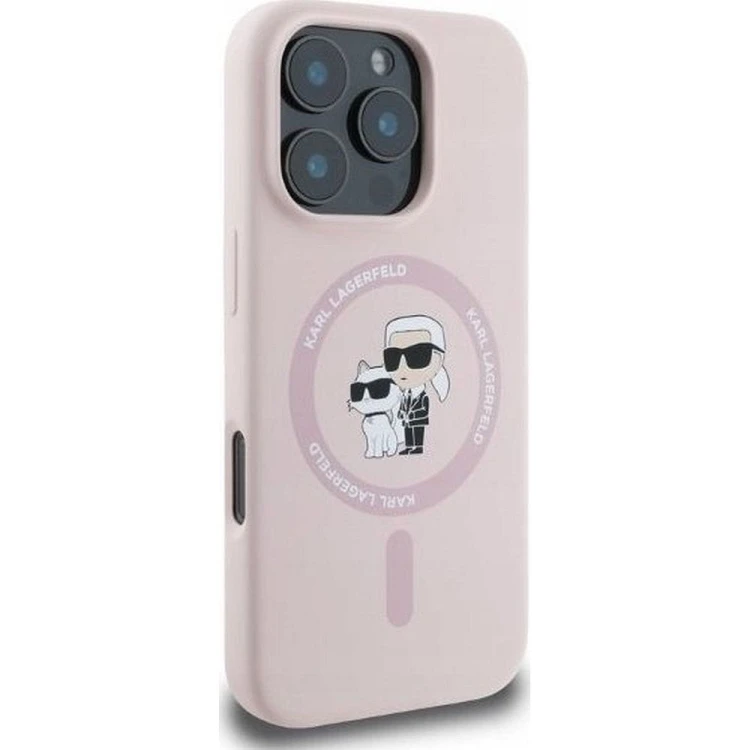 Ekskluzywne etui Karl Lagerfeld do iPhone 16 Plus MagSafe Silicone Karl&Choupette Ring – różowe