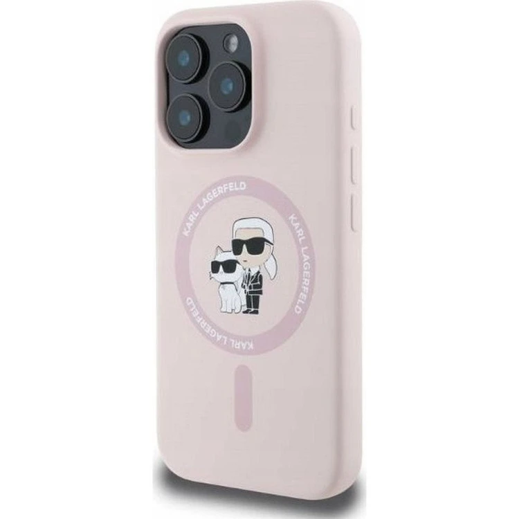 Ekskluzywne etui Karl Lagerfeld do iPhone 16 Plus MagSafe Silicone Karl&Choupette Ring – różowe