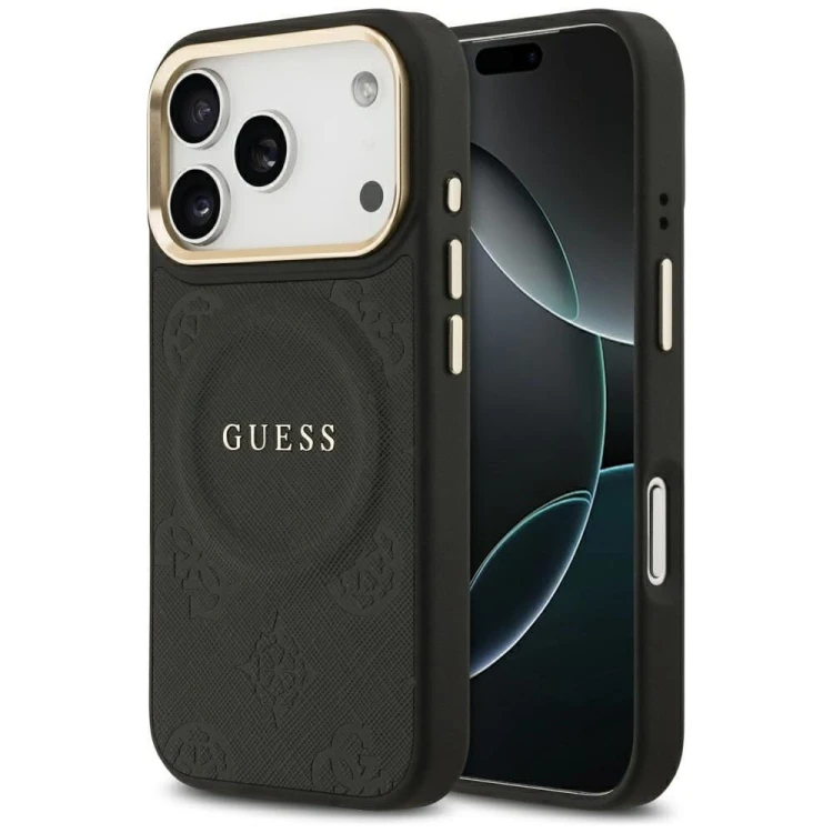 Etui Guess iPhone 17 Pro Peony Hot Stamp Czarne - Saffiano MagSafe Gold Detale