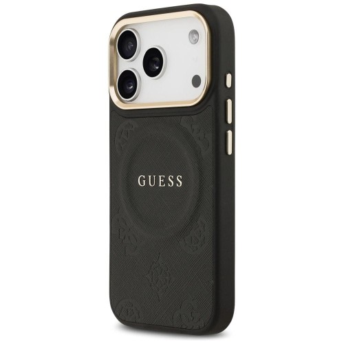 Etui Guess iPhone 17 Pro Peony Hot Stamp Czarne - Saffiano MagSafe Gold Detale