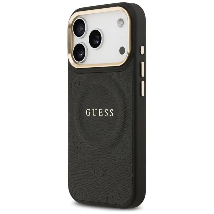 Etui Guess iPhone 17 Pro Peony Hot Stamp Czarne - Saffiano MagSafe Gold Detale