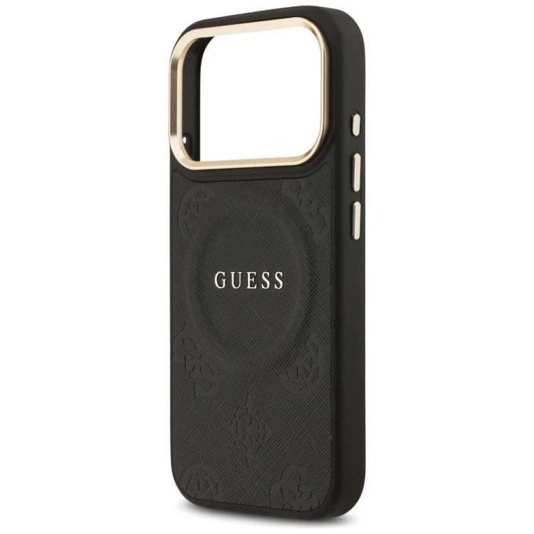 Etui Guess iPhone 17 Pro Peony Hot Stamp Czarne - Saffiano MagSafe Gold Detale