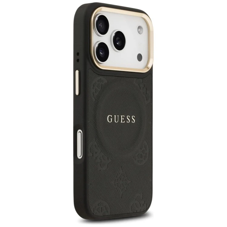 Etui Guess iPhone 17 Pro Peony Hot Stamp Czarne - Saffiano MagSafe Gold Detale