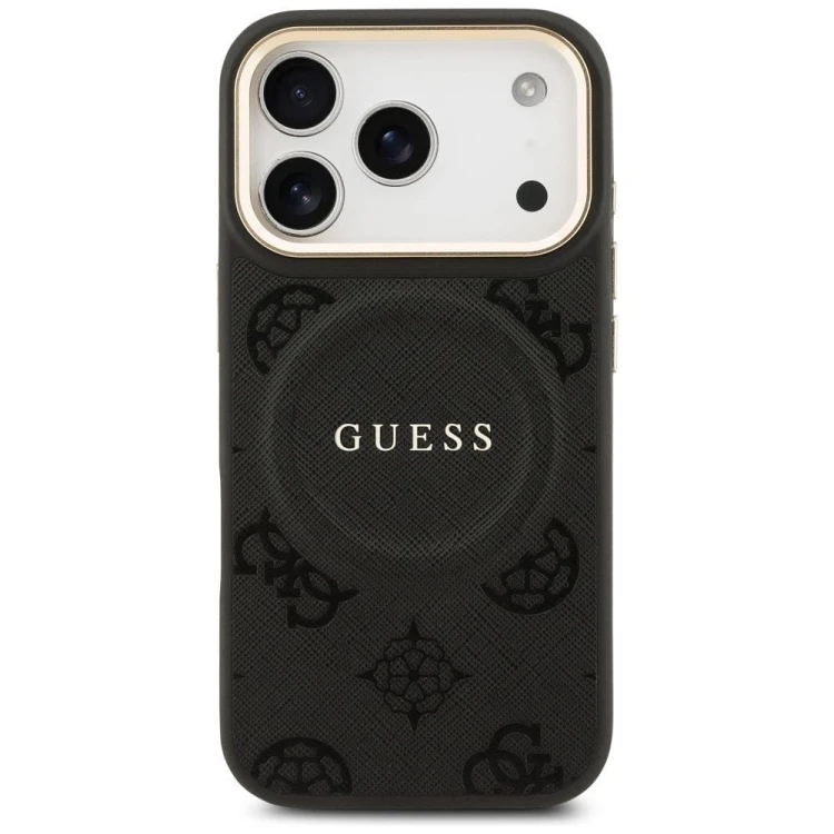 Etui Guess iPhone 17 Pro Peony Hot Stamp Czarne - Saffiano MagSafe Gold Detale
