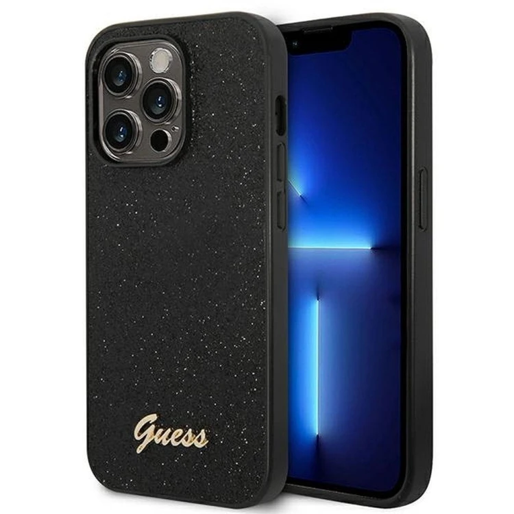 Guess etui iPhone 14 Pro Glitter Flakes Script czarne – oryginalne futerał GUESS GUHCP14LHGGSHK