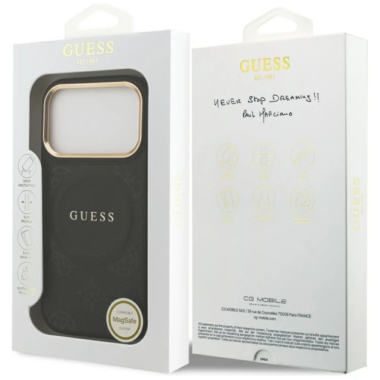 Etui Guess iPhone 17 Pro Peony Hot Stamp Czarne - Saffiano MagSafe Gold Detale