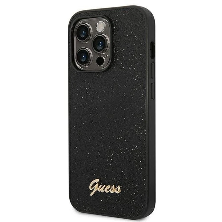 Guess etui iPhone 14 Pro Glitter Flakes Script czarne – oryginalne futerał GUESS GUHCP14LHGGSHK